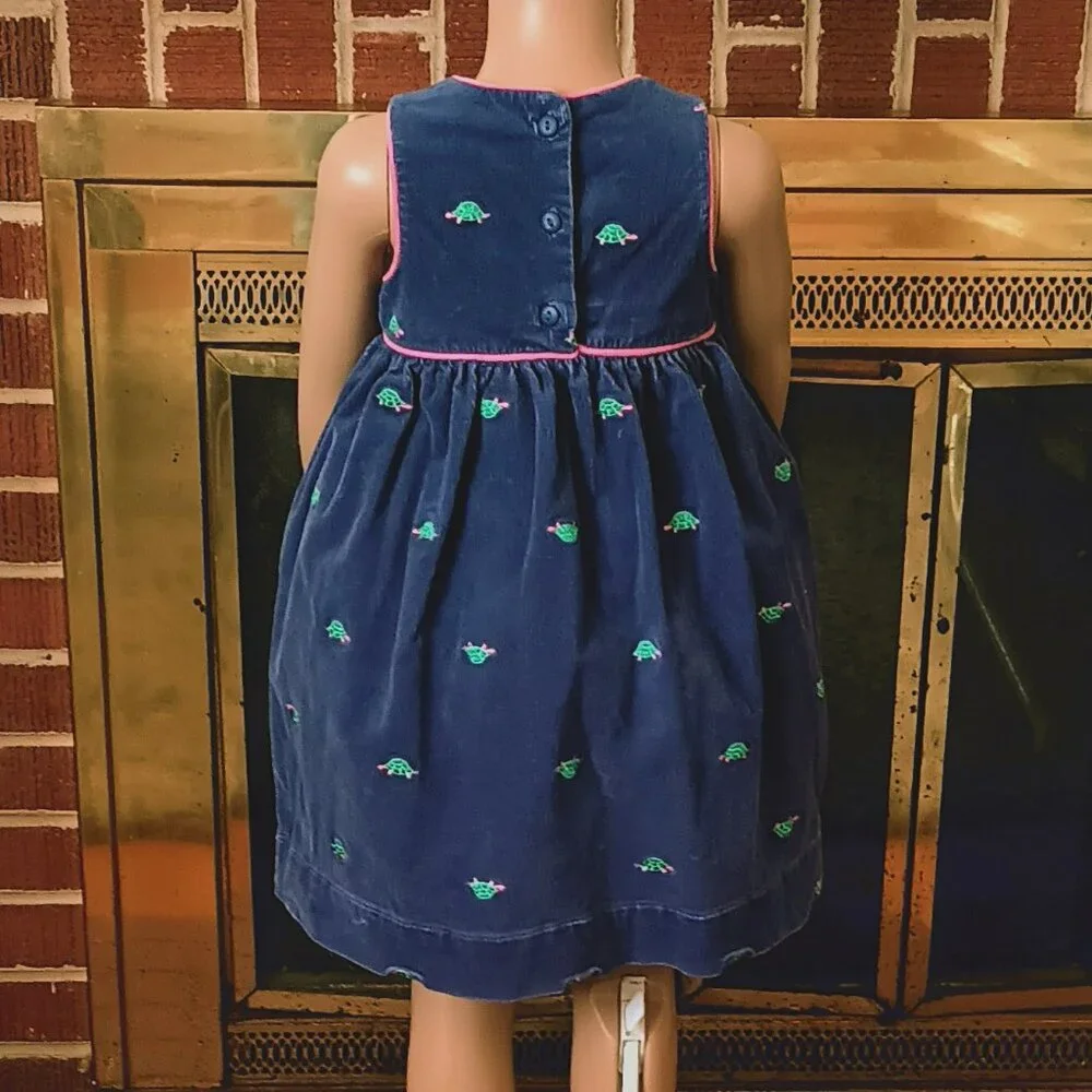 Girl's Vintage Blue Corduroy Dress 3T Pink Embroidered Turtle Girls Jumper